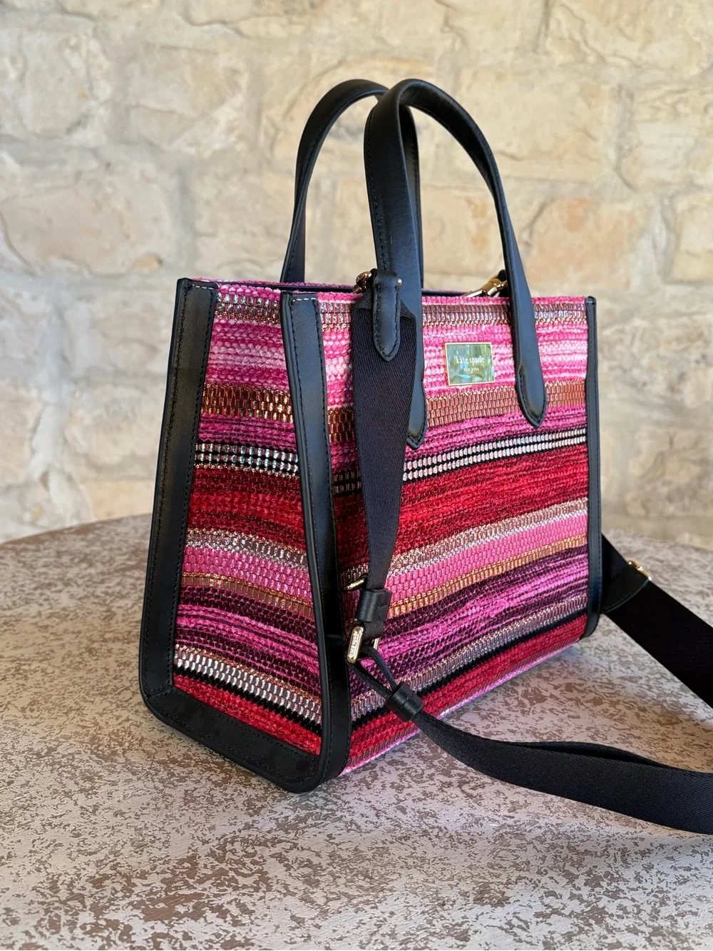 kate spade Pink and Red Striped Straw Satchel with Black Trim